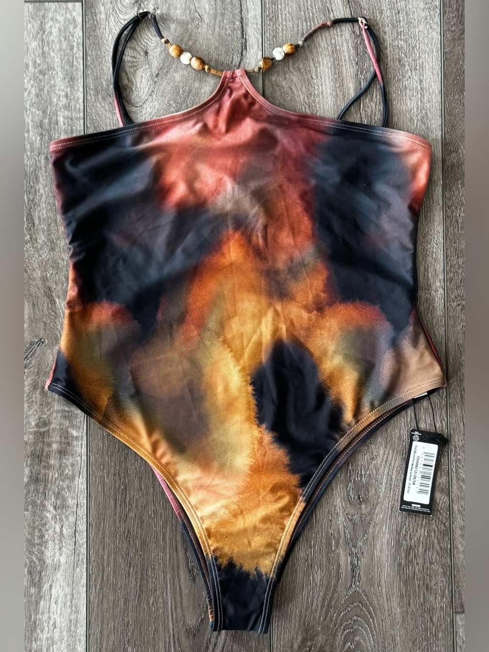 PrettyLittleThing Multi Blurred Print Halter Neck Swimsuit US 6 Beaded Swim READ